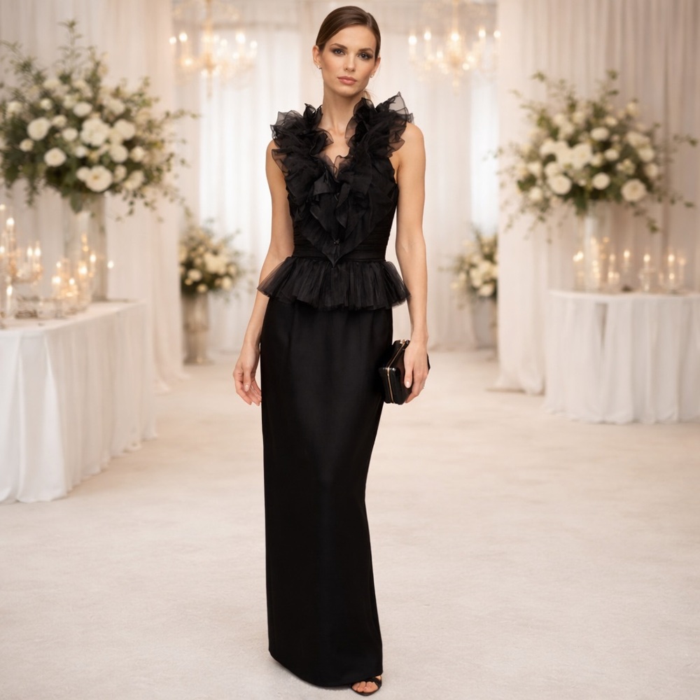 Marchesa Notte Black Silk Ruffle Peplum Maxi Column Gown Size 4 Sophisticated - Picture 1 of 14